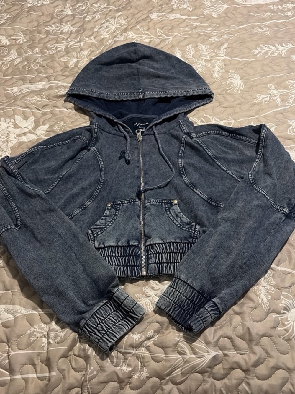 Urban Outfitters Washed Black Cropped Hoodie Bomber Jacket